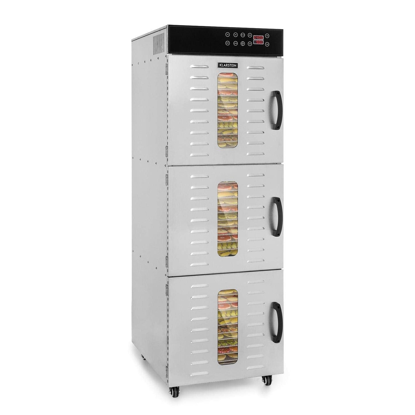 Klarstein Dörrautomat Edelstahl – 4.000-W-Dörrgerät, 48 Edelstahl-Einlegeböden, 30–90 °C, 24-Stunden-Timer, 6 Ventilatoren, 2 Trockenkammern, 50–55 dB, ideal für Obst, Gemüse, Fleisch, Kräuter, Silber