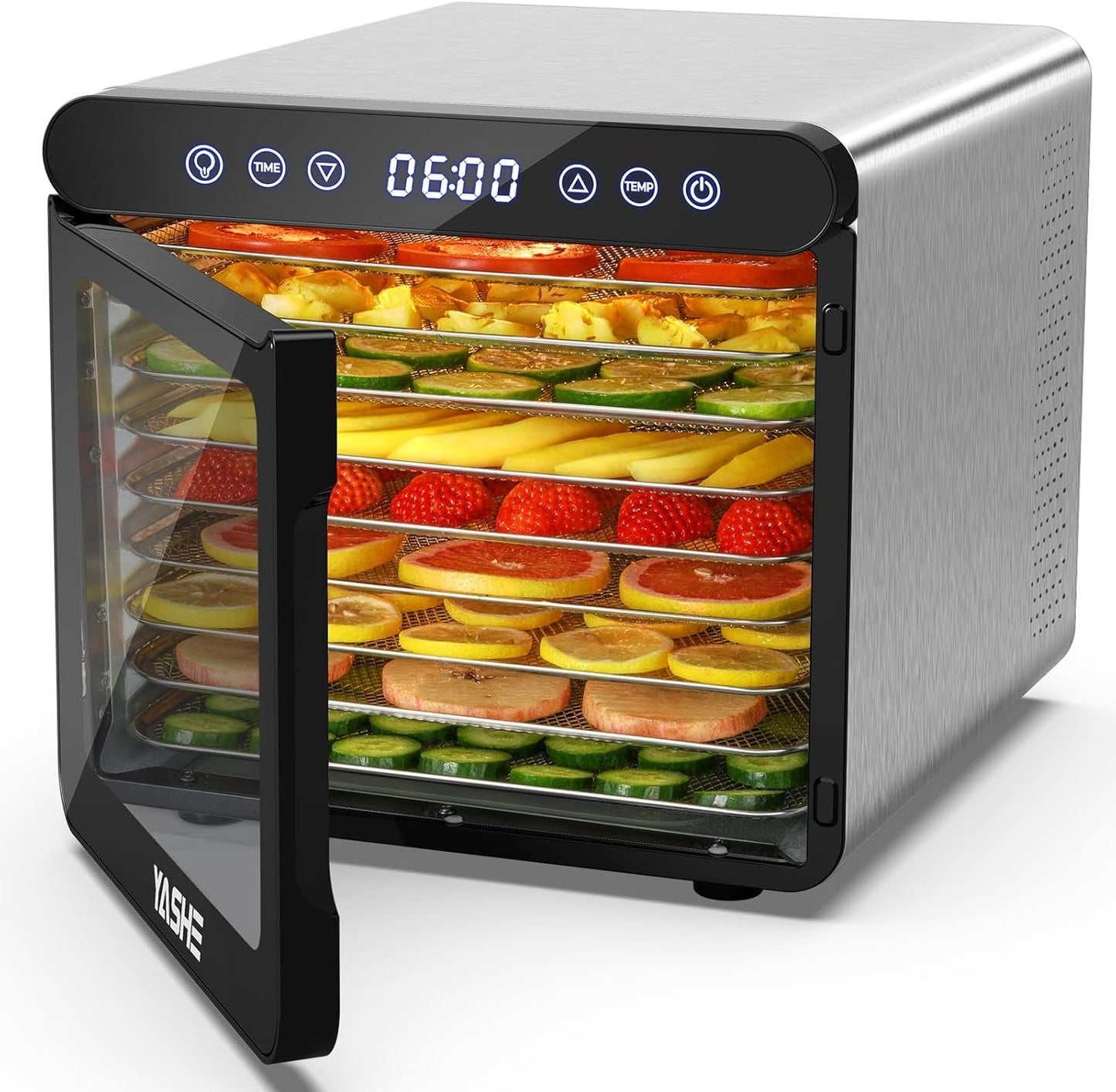 YASHE Stainless Steel Dehydrator with Digital Control (Temperature up to 75°C, Timer up to 48 Hours), 9 Trays Dehydrator for Fruit and Vegetables, Rear Fan for 360° Air Circulation, 800 W