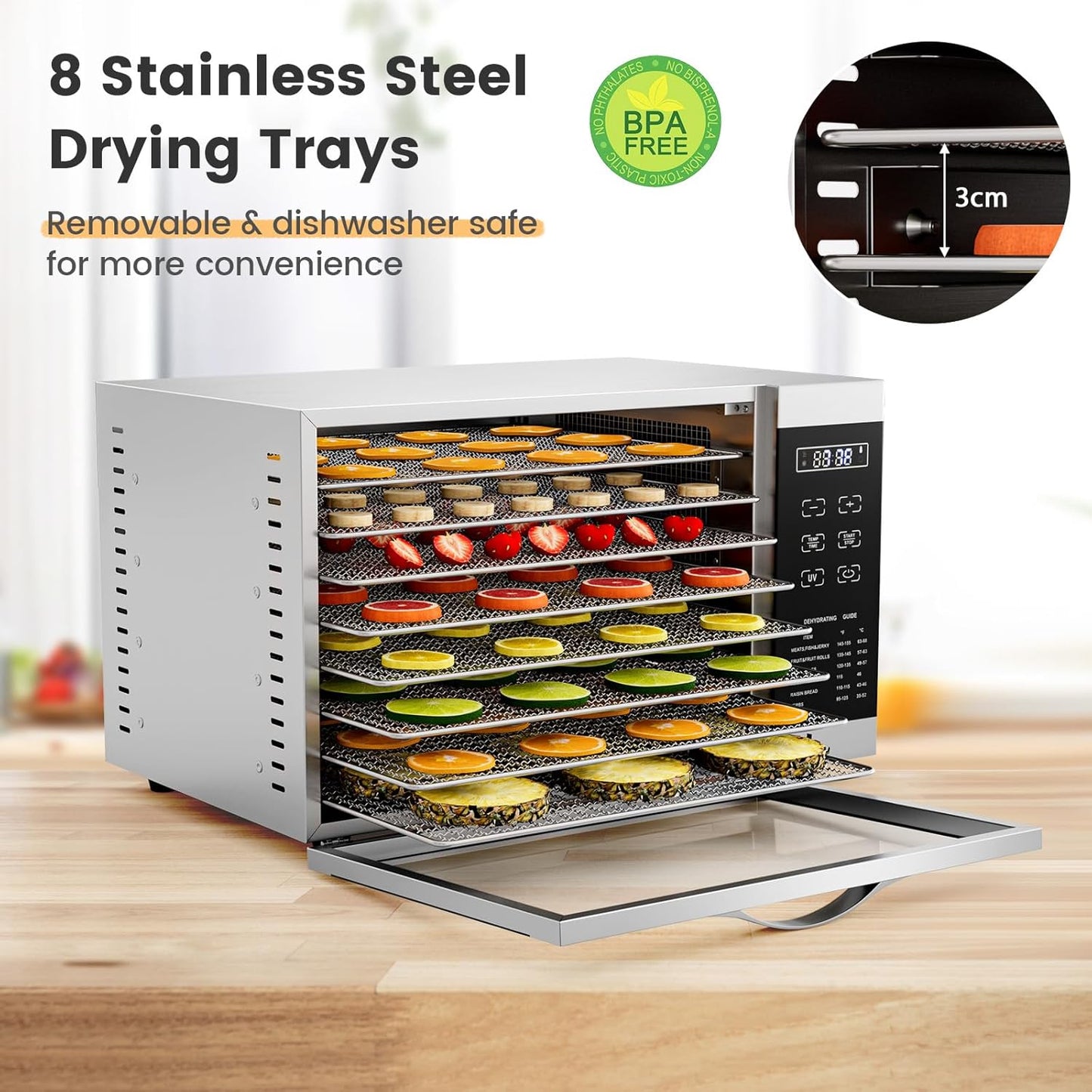 RELAX4LIFE Dörrautomat Edelstahl, Dörrgerät Temperatur einstellbar 30-70℃, Food Dehydrator inkl. 8 Edelstahl-Dörrtabletts, Touch-Display, 24 Std, für Lebensmittel Fleisch Früchte Gemüse