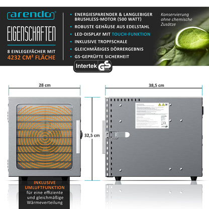 Arendo - Stainless steel dehydrator 8-fold - 500 watts with temperature control - dehydrator for food meat fruits fruit mushrooms - timer up to 24 hours - 8 compartments - GS - dehydrator